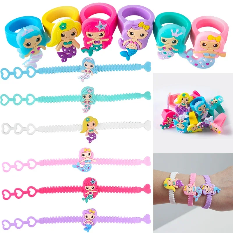 

12pcs Cartoon Silicone Mermaid Bracelets Ring Cute Mermaid Birthday Party Girls Favors Gift Under The Sea Themed Party Supply