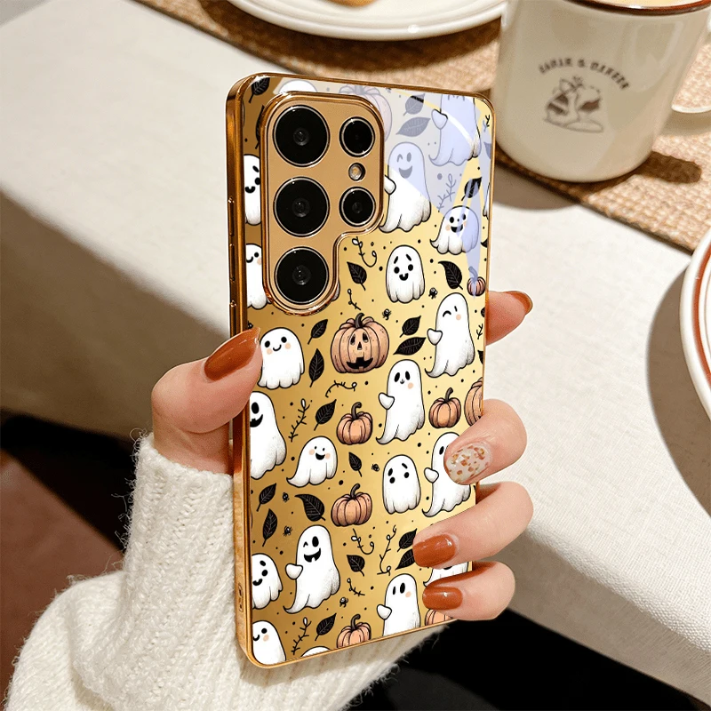 Ghost Pumpkin Electroplated Golden Phone Case For Samsung Note 10 20 A06 A07 A12 A13 A14 A15 A16 A17 A22 A23 25 Glass Back Cover