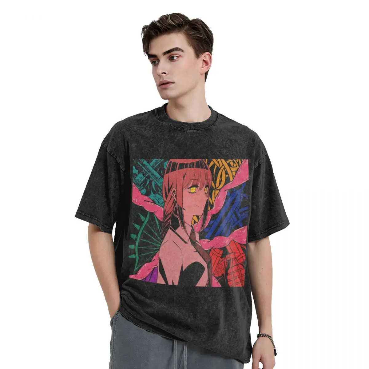 Makima Chainsaw Man Anime Tops Washed T Shirt Streetwear Hip Hop Novelty T-Shirt for Men Women Oversize Printed Tops