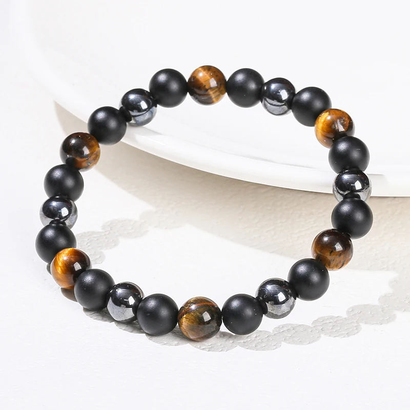 2 Pcs/lot Natural Tiger Eye Stone Hematite Beaded Bracelets Energy Stretch Health Protection Women Men Fashion Wrist Jewelry