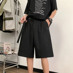 Korean Style Mens Casual Shorts Ribbons Belt Knee-Length Suit Pant Black Beige Elastic Waist Loose Summer Short Trouser Boy