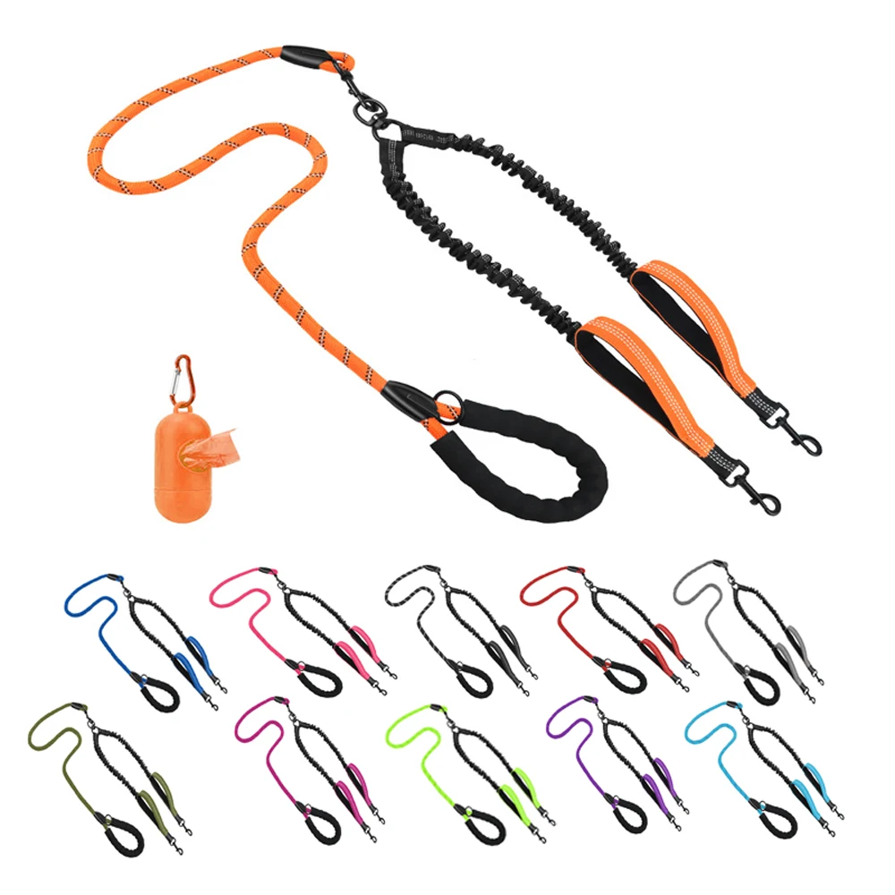 Double Dog LeashTraffic Handles No Tangle Dual Dog Walking Leash Comfortable Shock Absorbing Reflective Bungee for Two Dogs