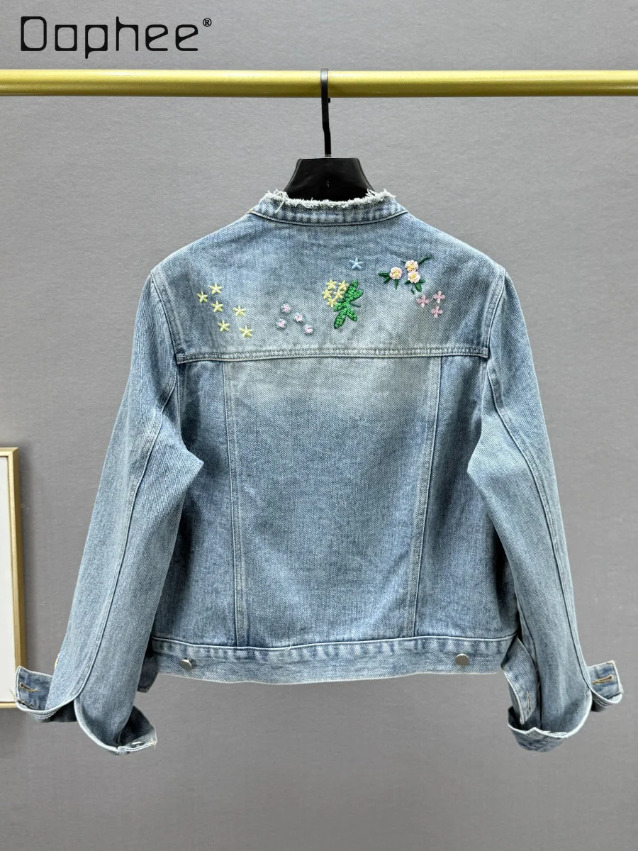 Fashion Retro Embroidered Short Denim Jacket Women Spring 2025 New High Waist Loose Slim Versatile Casual Long-sleeved Jean Top