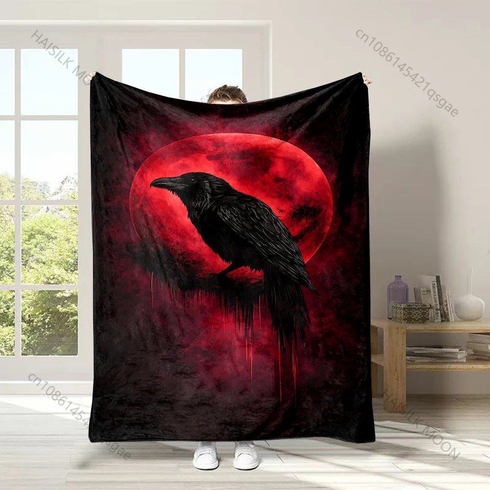 1PC Black Raven Perched Branch Blood Moon Print Adult Children Warm Blankets Home Travel Car Soft Comfortable Luxury Gift