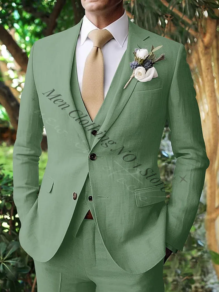 Sage Green Men\'s Linen Suits Summer Beach 3 Pieces Set (Blazer+Vest+Pant) Tailored Fit Two-buttons Notched Lapel Wedding  Suits