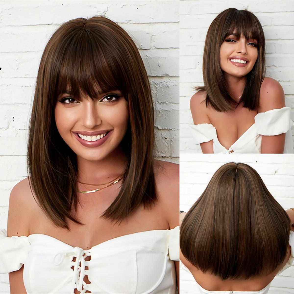 Brown Synthetic Wigs Medium Length Straight Wig with Bangs Hair for Black Women Daily Cosplay Use Heat Resistant