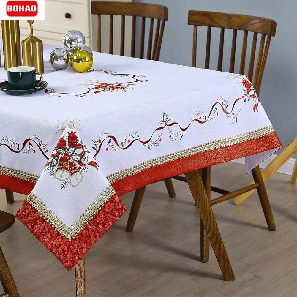 BOHAO 2025 Gold Red Candle Silver Diamond Christmas Tablecloth Decoration Table Mat - Table Cover Runner for Festive Dining