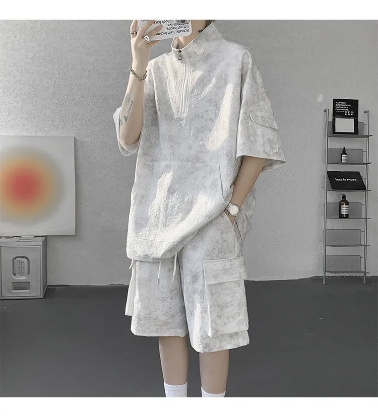 2026 Sommer Hong Kong Style Halb-Reißverschluss-Färbe-Set aus Eisseide mit Kühlfunktion, zweiteiliges Sportswear-Outfit im Hanfu-Stil mit kurzen Ärmeln – Detail 9
