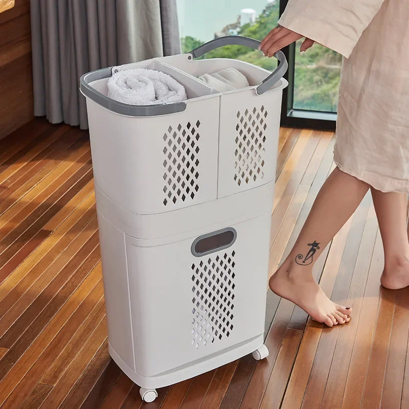 Layer Bathroom Laundry Storage Basket with Wheels Dirty Clothes Hamper Home Storage Organizer for Laundry Room