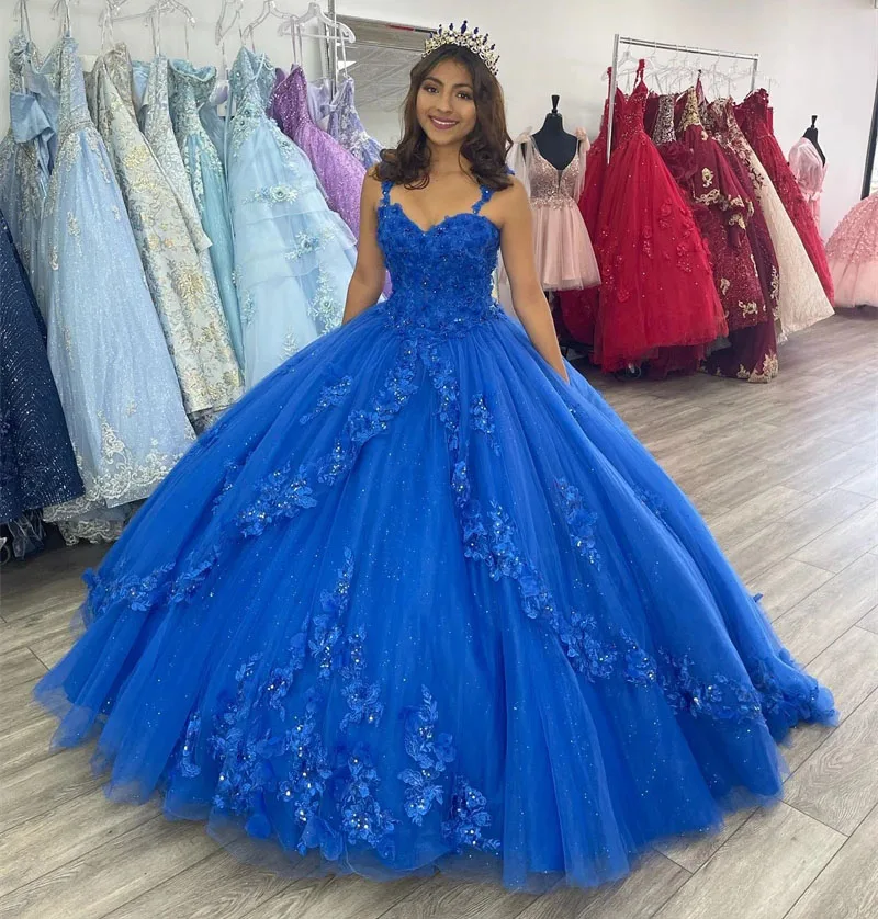 Vestidos de Quinceañera de princesa Azul Real, vestido de baile con tirantes finos, apliques de tul, dulce 16, 15 Años, personalizado