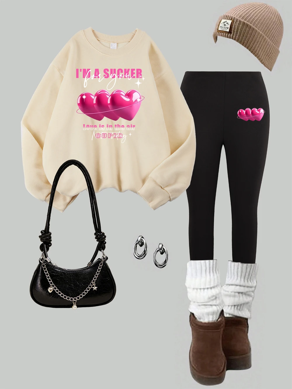 

2 Piece Womens Love Is In The Air Pink Heart Prints Sweatshirts Leggings Set Winter Fleece Thermal Hoodie Pants Street Clothes