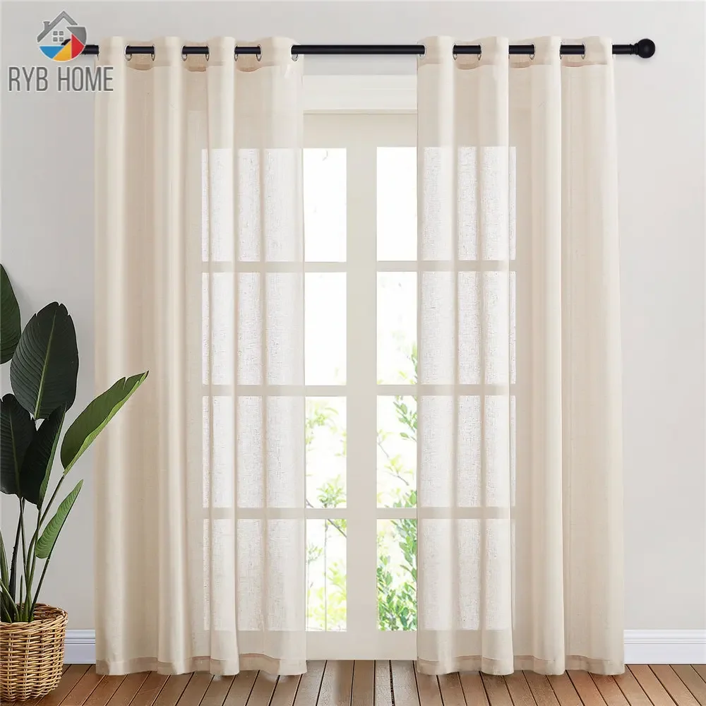 RYB HOME 1pc White Sheer Linen Curtains Natural Open Linen Elegant Vertical Semitransparent Panels for Farmhouse French Door