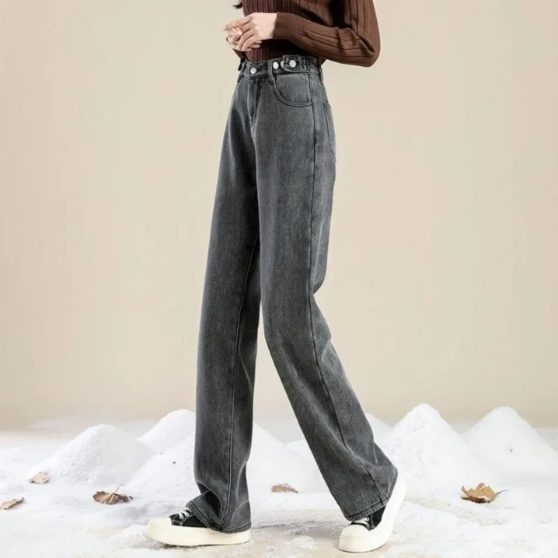 Jeans Women Plus Velvet Thicker Autumn Winter Stylish Baggy Ulzzang Denim All-match Streetwear Vintage Straight High Waist Chic