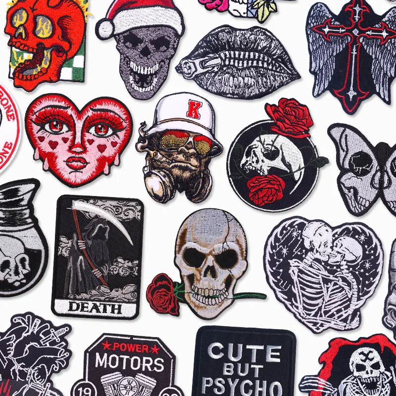 Skeleton Punk Rock Iron On Patches – Embroidered Horror Skull for Clothing Thermoadhesive DIY Biker Decorate Badges for Jackets