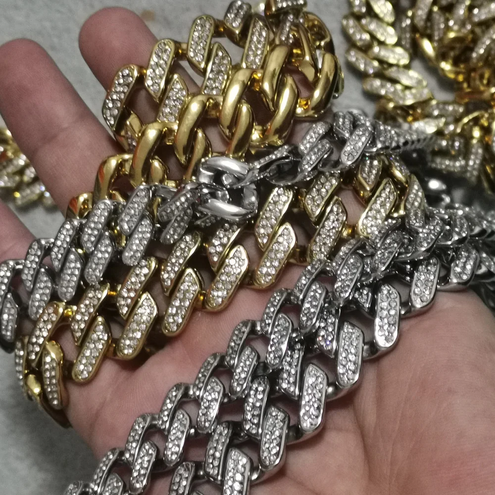 Hip Hop Bling Iced Out Stainless Steel Cuban Miami Link Chain Bracelets for Men Rock Jewelry Gold Silver Color Gift