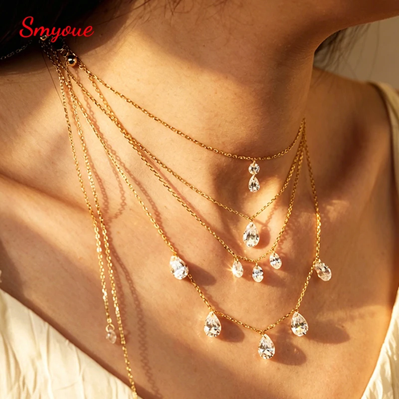 Smyoue 18k Plated 5A Full Zircon Stackable Necklace Pendant for Women Girls Dainty Jewelry Real 100% S925 Sterling Silver Chain