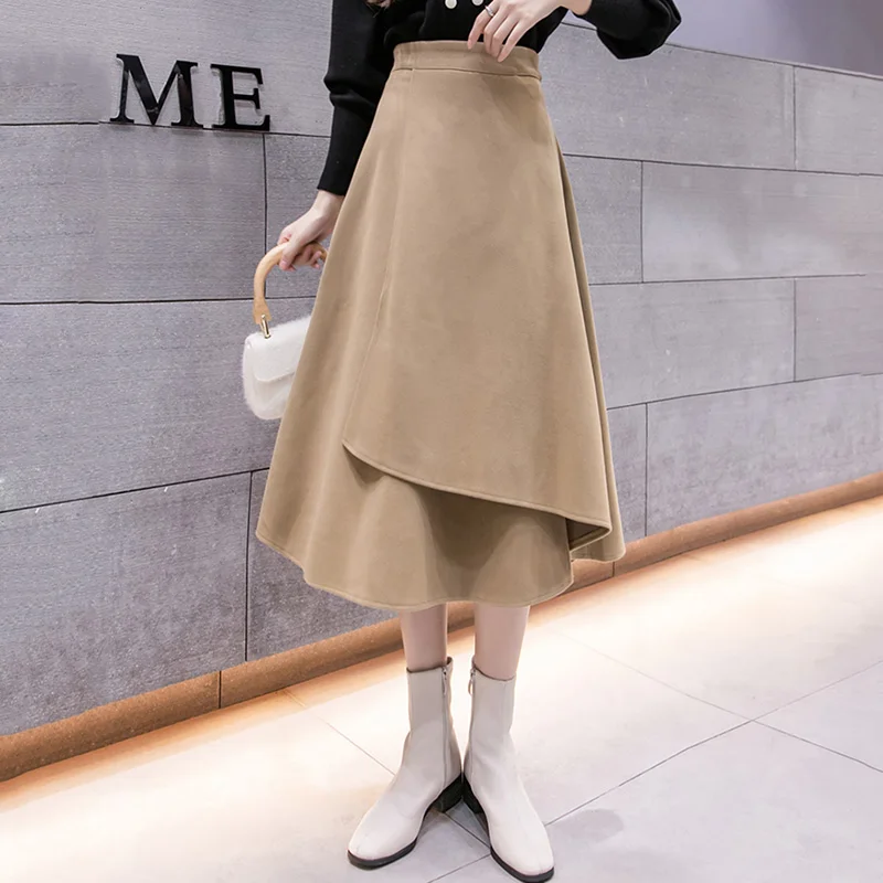 

New Women Irregular Woolen Skirt Spring Autumn Fashion High Waist Easy match Loose Skirt Casual A-Line Knee-Length Skirt