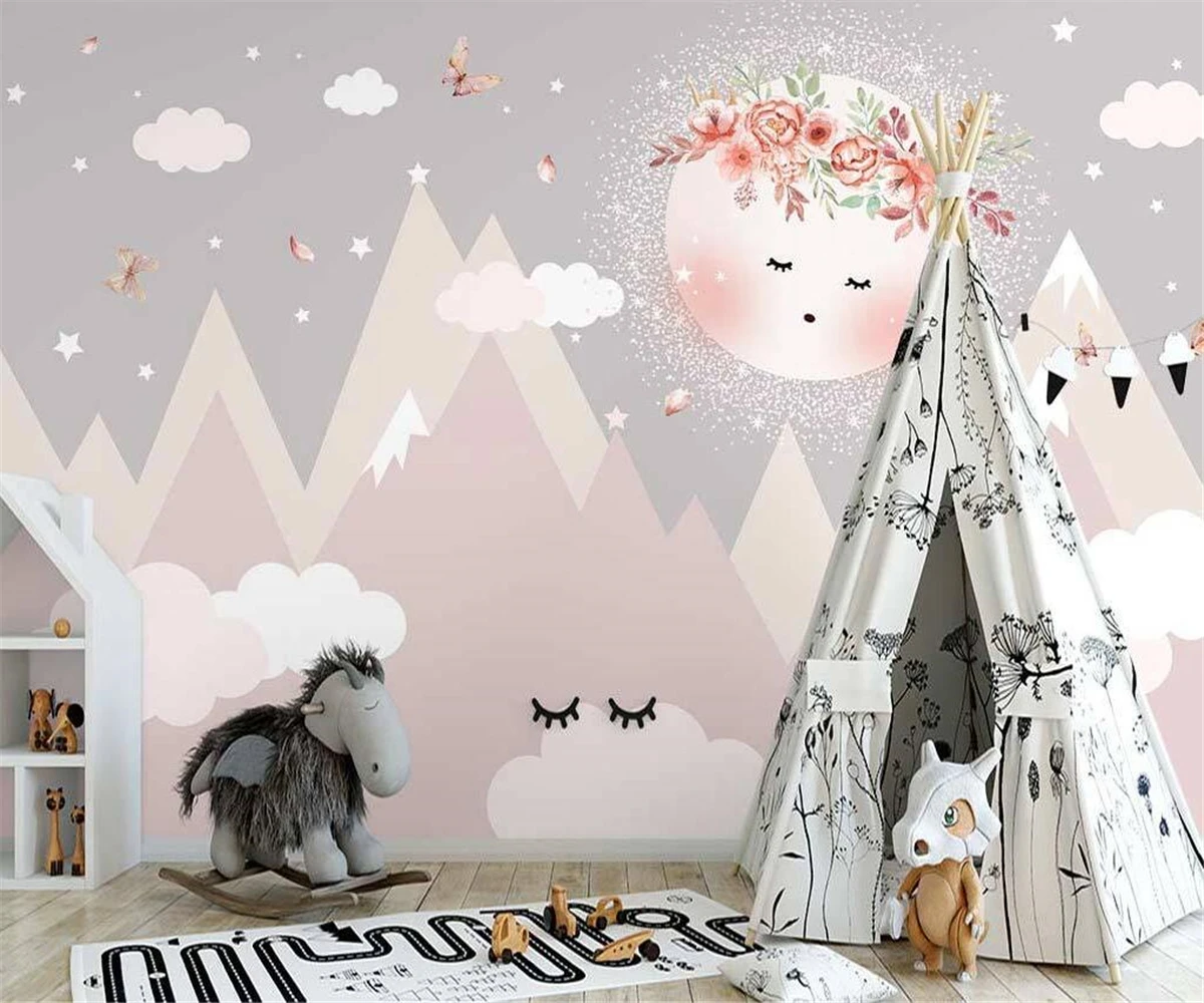 Self-adhesive material custom size cartoon hand-painted starry sky cloud geometry mountain pink princess room mural 3d wallpaper