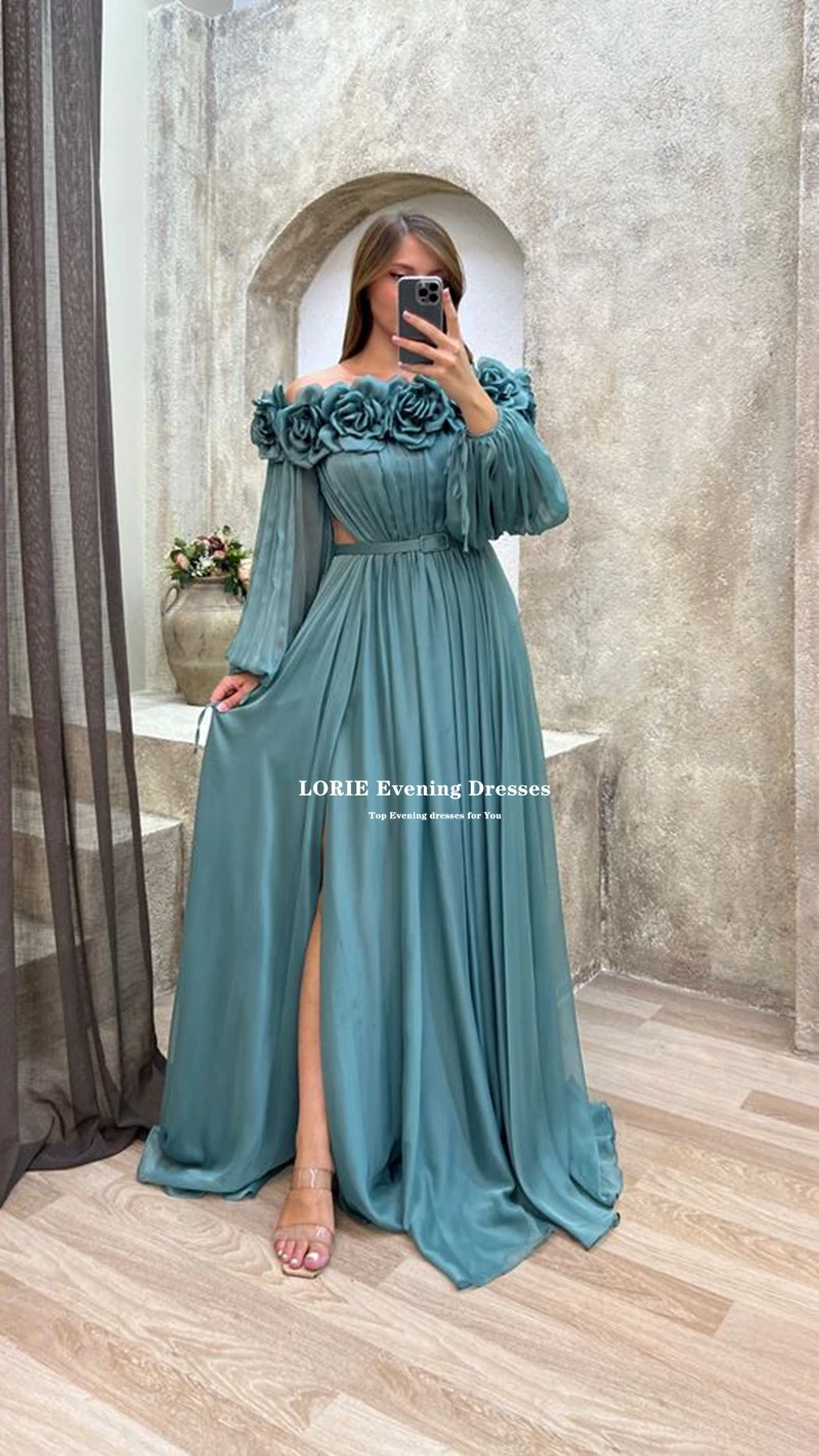 LORIE Sexy Leg Slit Evening Dresses Flowers Puff Sleeves Belt Pleat Vestidos De Noche Organza Gala Party Dresses Robes De Soirée