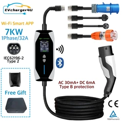 EVcharger4U IEC62196 Type 2 7KW Portable EV Charger 1Phase 32A 5M Cable with RCD Type B Protection Wi-Fi Bluetooth APP Control