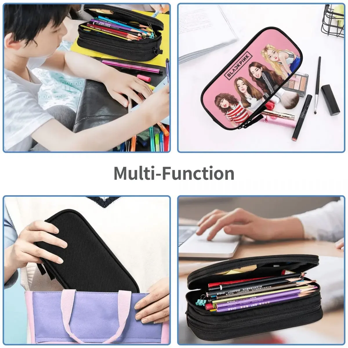 Kpop Jennie-estuche para lápices de gran capacidad, estuche para bolígrafos, bolsa de papelería, soporte, caja organizadora para adolescentes, niñas, adultos y estudiantes, negro-rosa