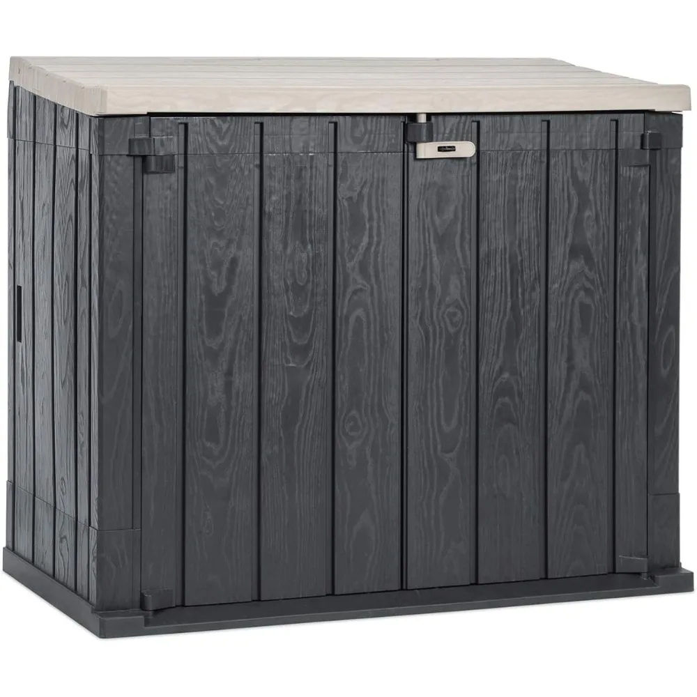 Outdoor storage cabinets for trash cans, garden tools, and yard equipment, anthracite/taupe gray