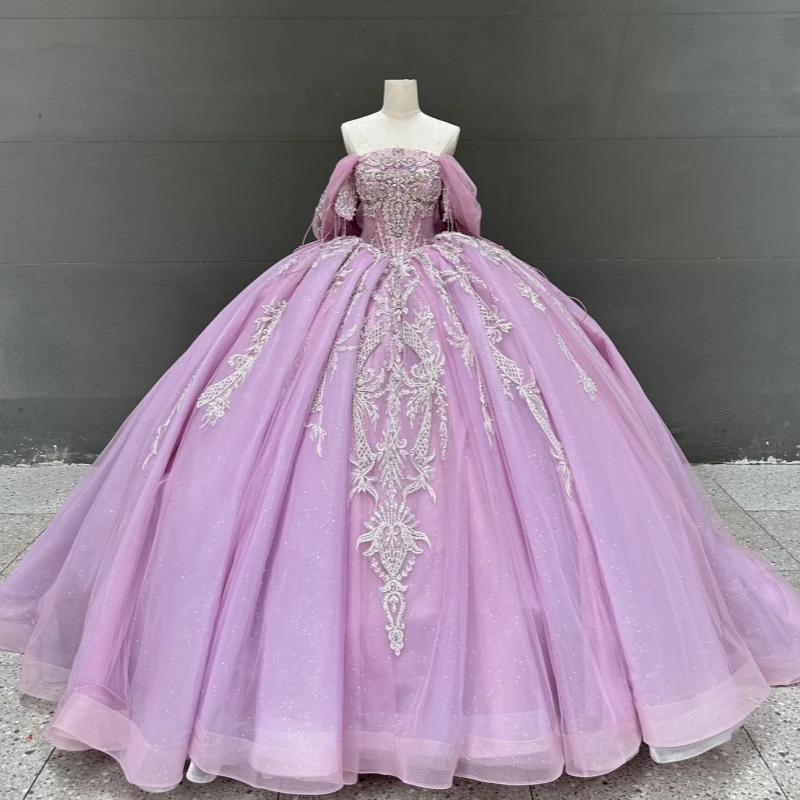 

Light Lilac Shiny Quinceanera Dresses Ball Gown Off The Shoulder Applique Beading Crystal Bow Tull Corset Party Birthday Sweet