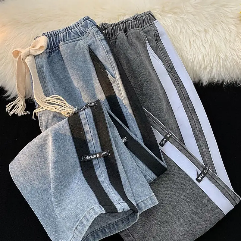 Striped Patchwork Jeans for Men in Autumn Trendy Brand Loose Straight Wide-leg American High Street Large Size Casual Long Pants