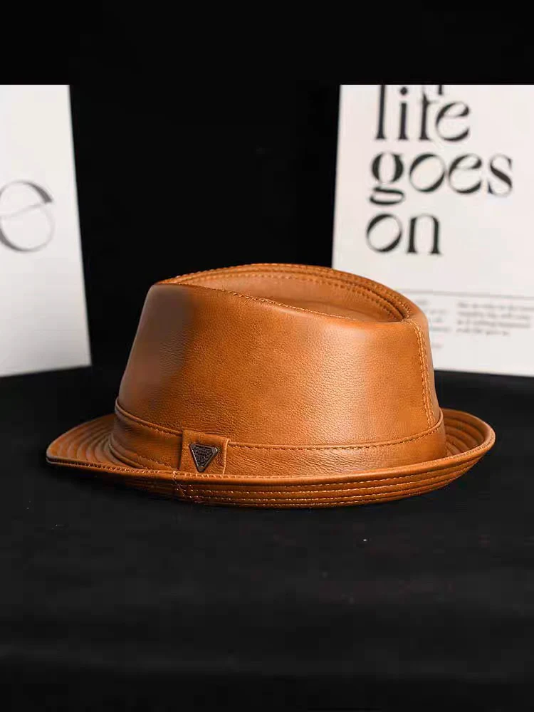 New Man High Quality Genuine Leather Cowhide Formal hat Gentleman Cow Skin Short Brim Black/Brown Top Hat Male Shows Gentleman