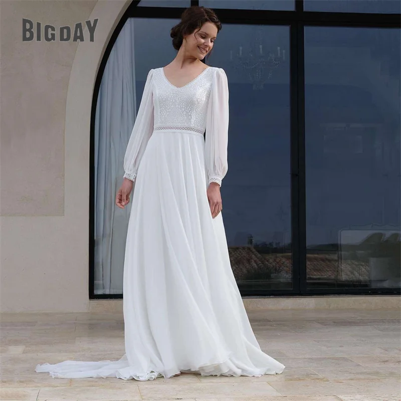 Robe de mariée élégante A-Line pour femme, dos ouvert, col en V, manches longues, appliques en dentelle, robe en mousseline de soie pour patients, robe éducative personnalisée