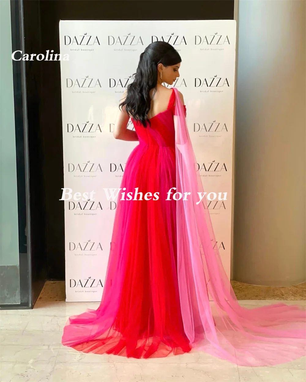 Carolina One Shoulder Saudi Arabic Prom Dresses Floor Length Sleeveless Tulle A-Line Formal Red Women Evening Party Dress