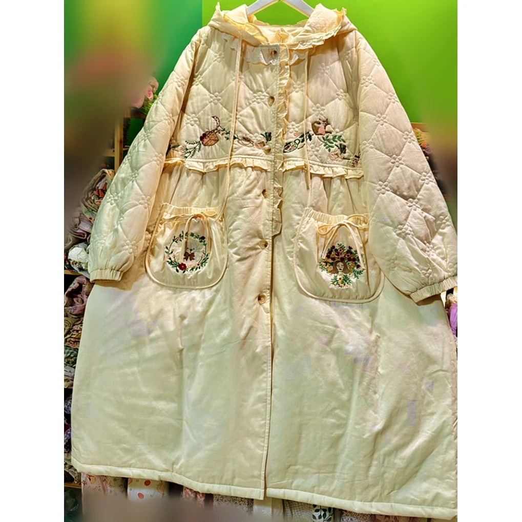 

Зимнее ретро шикарное милое стеганое длинное желтое пальто с вышивкой, женское осеннее корейское милое кавайное пальто с капюшоном в стиле Лолиты, парки