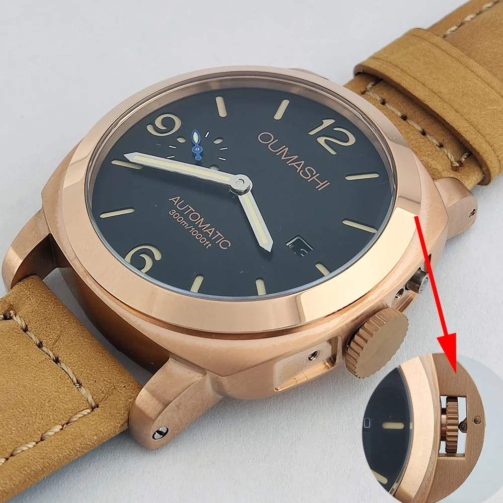 ساعات 45 ملم ساعة رجالية ST2555 حركة ستانلس ستيل روز جولد حافظة ساعة ميكانيكية عتيقة سوار جلد زجاجي معدني
