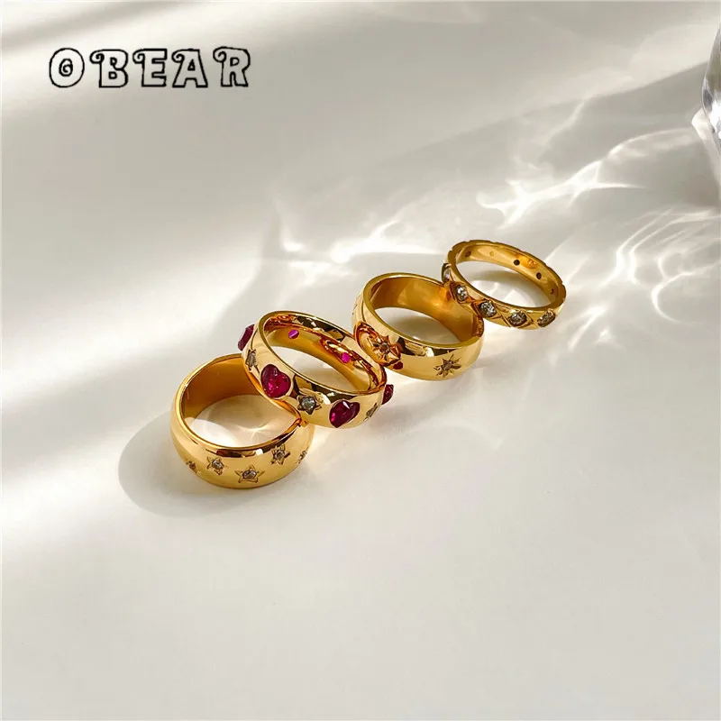 Hohe Qualität Stern Herz Sonne Geometrische Zirkon Ring Frauen Edelstahl Überzogene 18k Luxus Elegante Engagement Schmuck