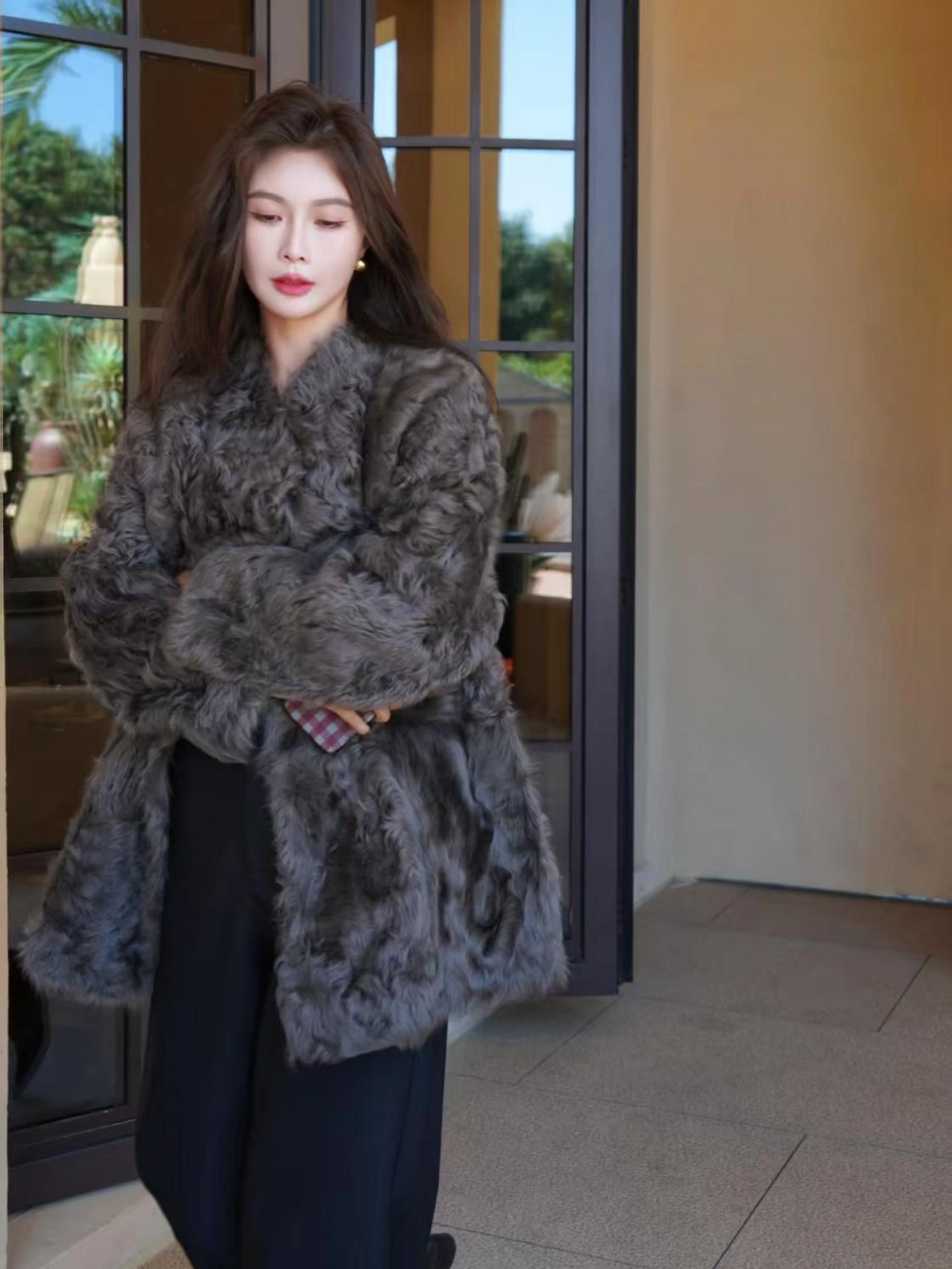 Autunno Inverno Nuovo Sle Piccolo Lago eep Ricci Pelliccia Pelle Jaet Allentato di Lusso Faion di Media Lunghezza Tuta Sportiva da Donna