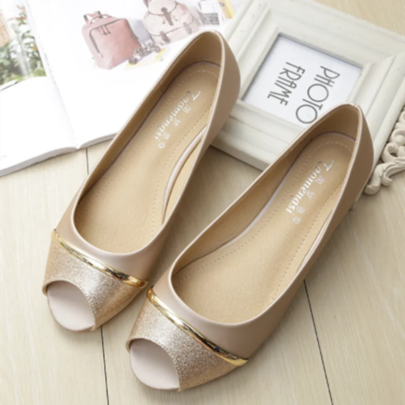 

Women Peep Toe Patchwork Gold White Spike Heels Anti-Skip Flats Low Cutter Summer Slip-on Casual Daily Cute Tacons EU33-43 22cm
