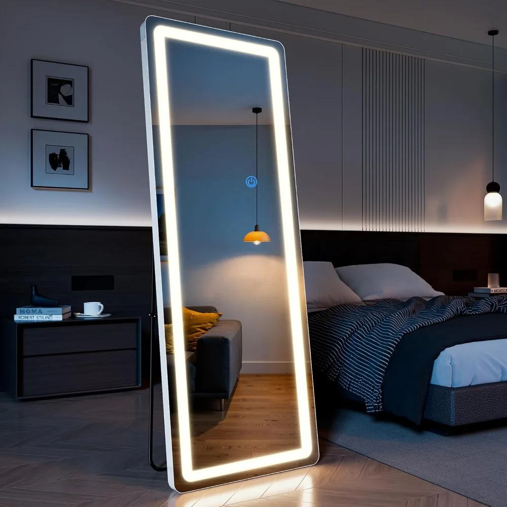 Espelho de chão de comprimento total com luzes reguláveis de 3 cores, 65 x 24, cantos arredondados, visualização de corpo inteiro, espelho de pé