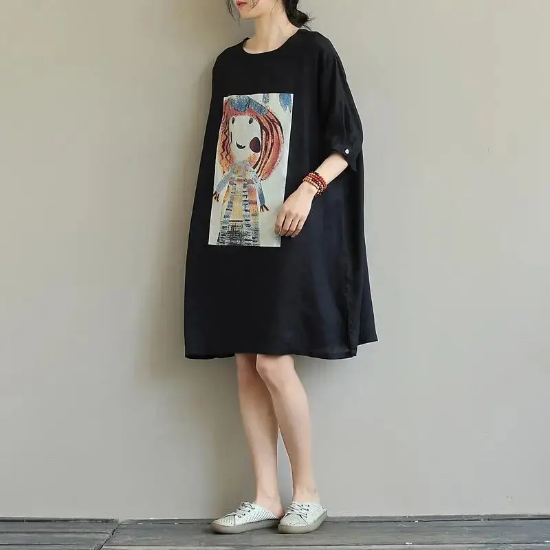 Women Y2K Printed Casual Tunics Summer Loose Simple Cartoon Chic T-shirts Female Cotton Linen Korean Style Pullovers