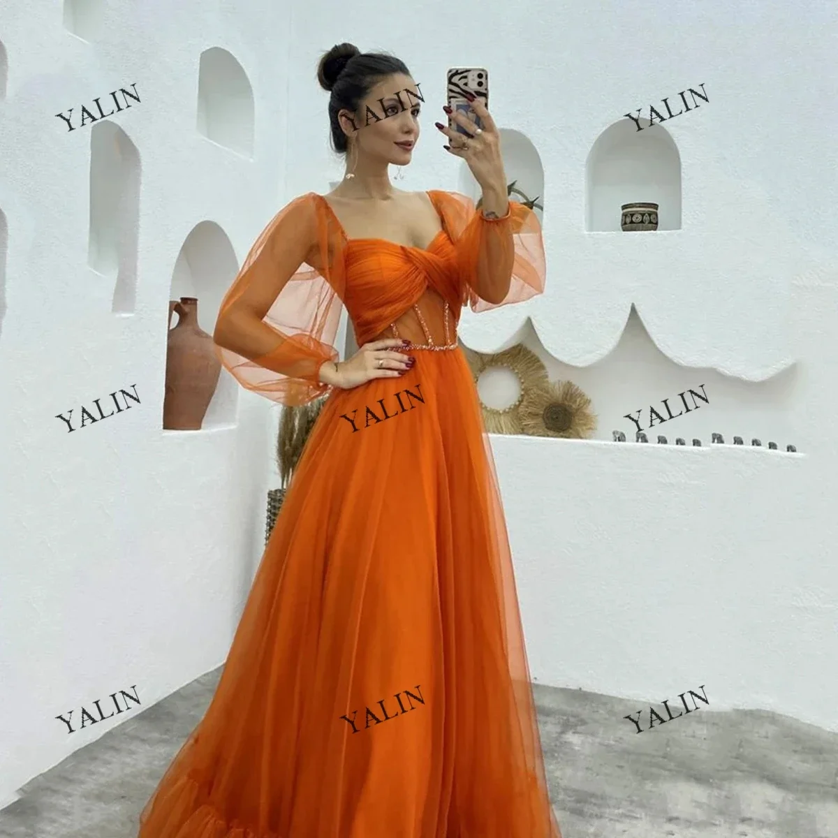 YALIN Elegant Puff Sleeve Homecoming Dresses A-Line Illusion Organge Prom  Long Pleated Evening Party Gowns 2022