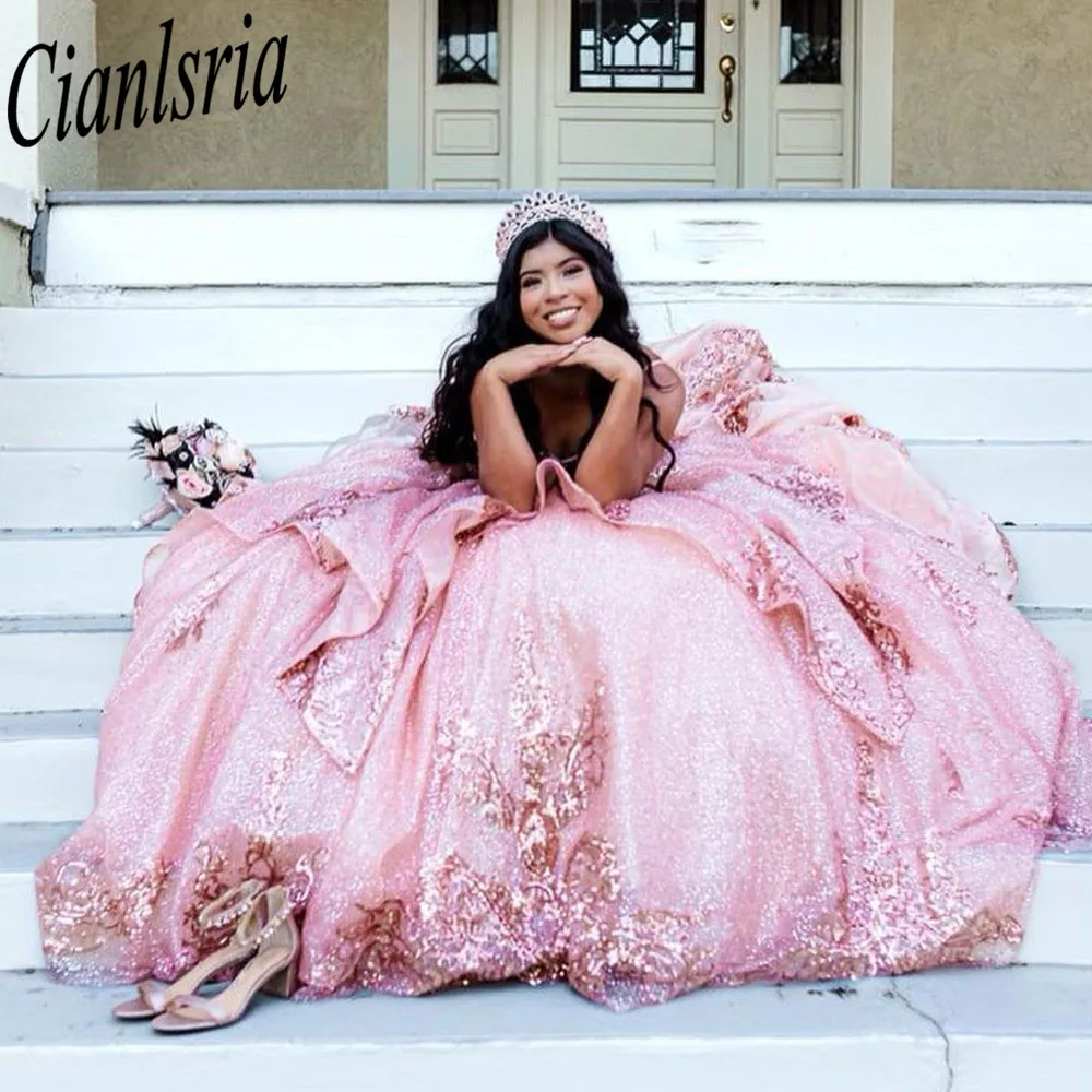 Vestido De quinceañera con cuentas De flores para mujer, vestido De baile rosa brillante con cristales, para fiesta De noche, 15 Años, 2023