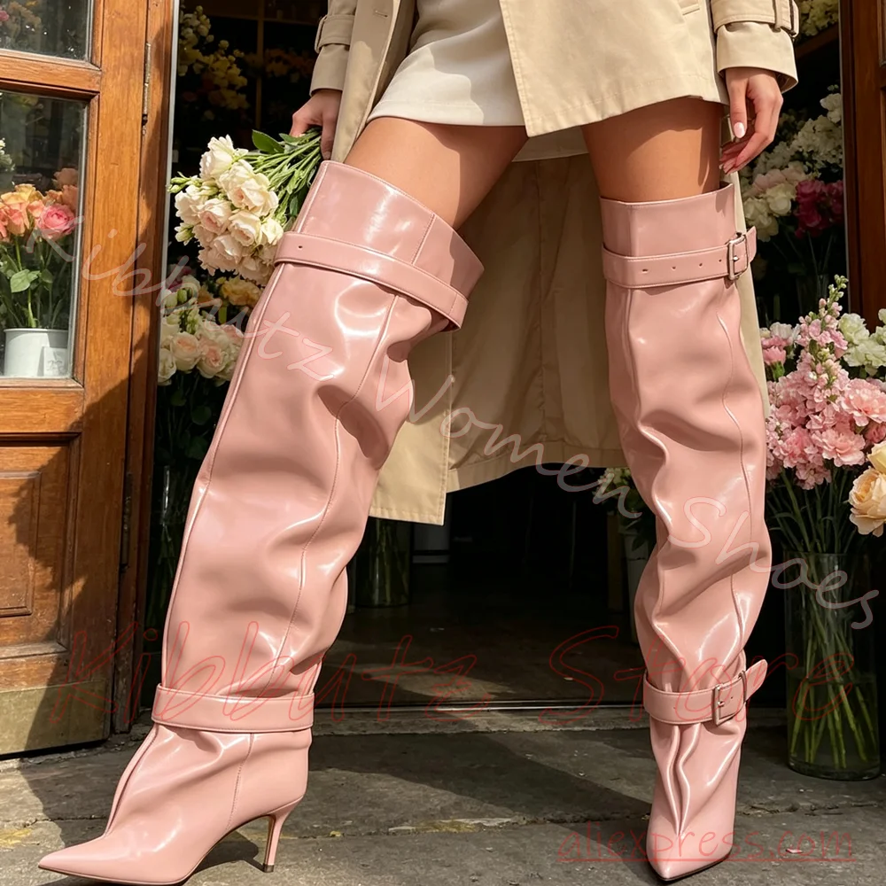 Women Over Knee Boots Double Buckle Slouchy Leather Western Slip-On Pointed Toe Stiletto Heels Fashion Shoes Elegant Fashion New