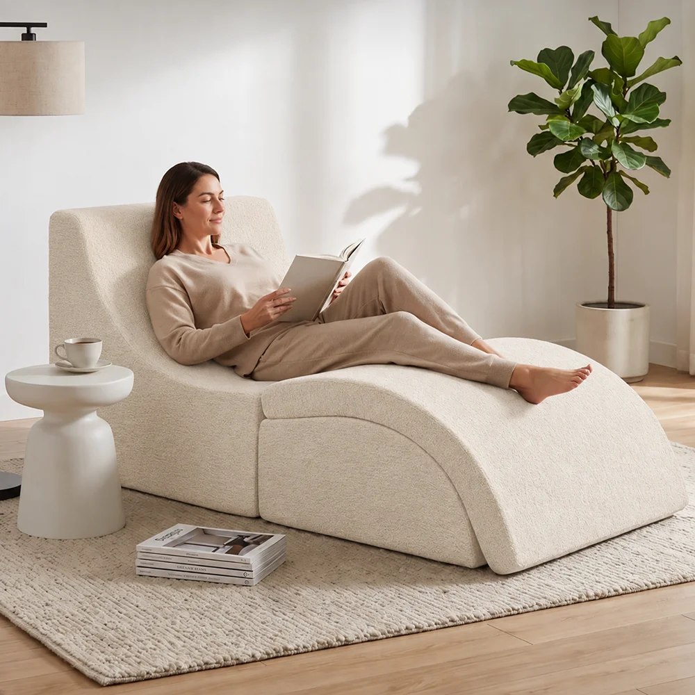 Multi Mode Foldable Ergonomic Recliner Chaise Lounge Sofa, Dense Foam Support Convertible Ottoman Footrest for Indoor Relaxation