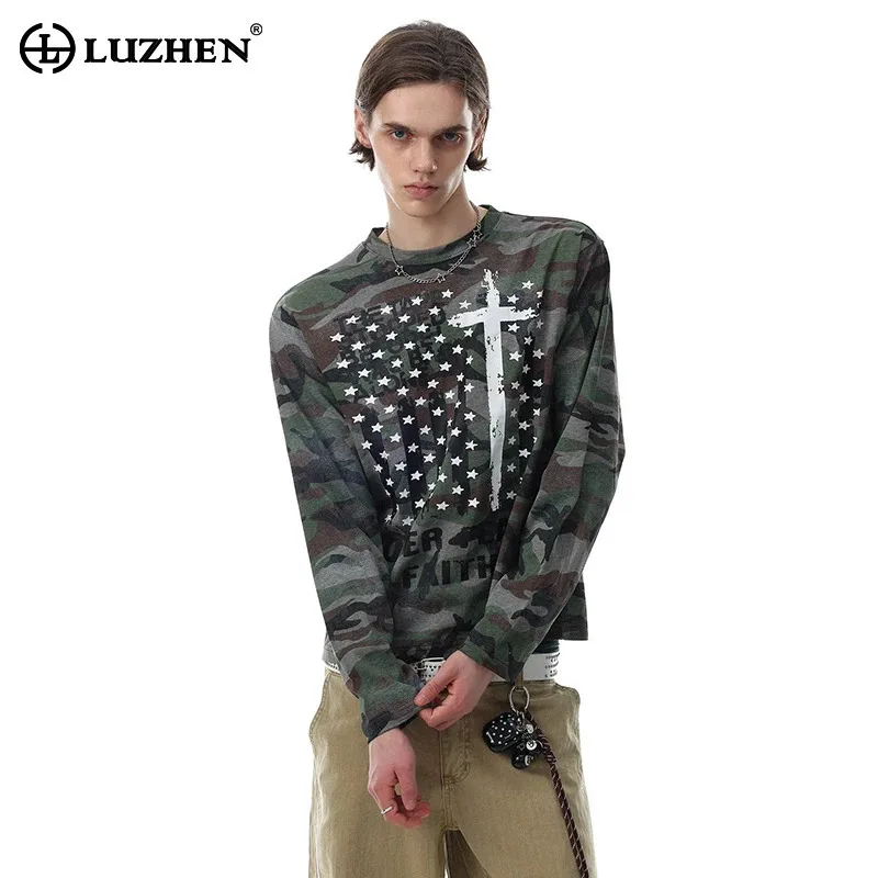 LUZHEN 2026 New American Pentagram Printed Round Neck Long Sleeve T-shirts Men's Trendy Original Camouflage Casual Tops JY9282
