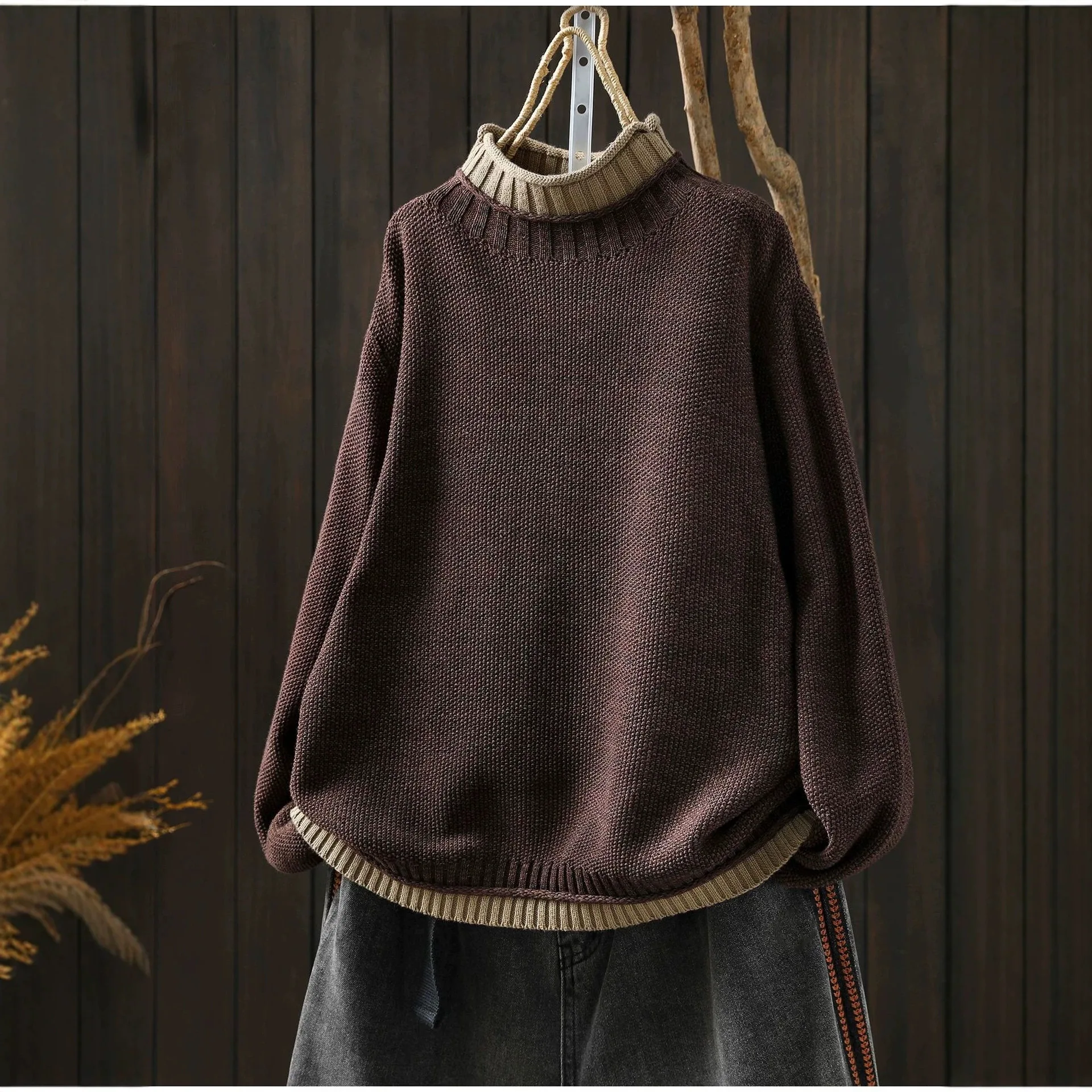 Women Spring Fall Mock Neck Faux Two Piece Contrast Collar Knit Sweater Loose Vintage Comfort Cozy Casual Long Sleeve Pullovers