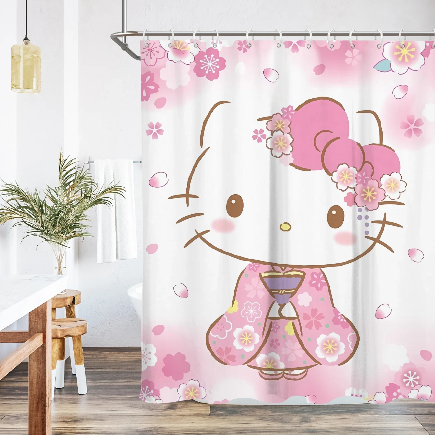 Anime Kawaii Sanrios Hellokitty Cartoon Shower Curtain Waterproof Polyester  Bathroom Curtain with Hooks Gift