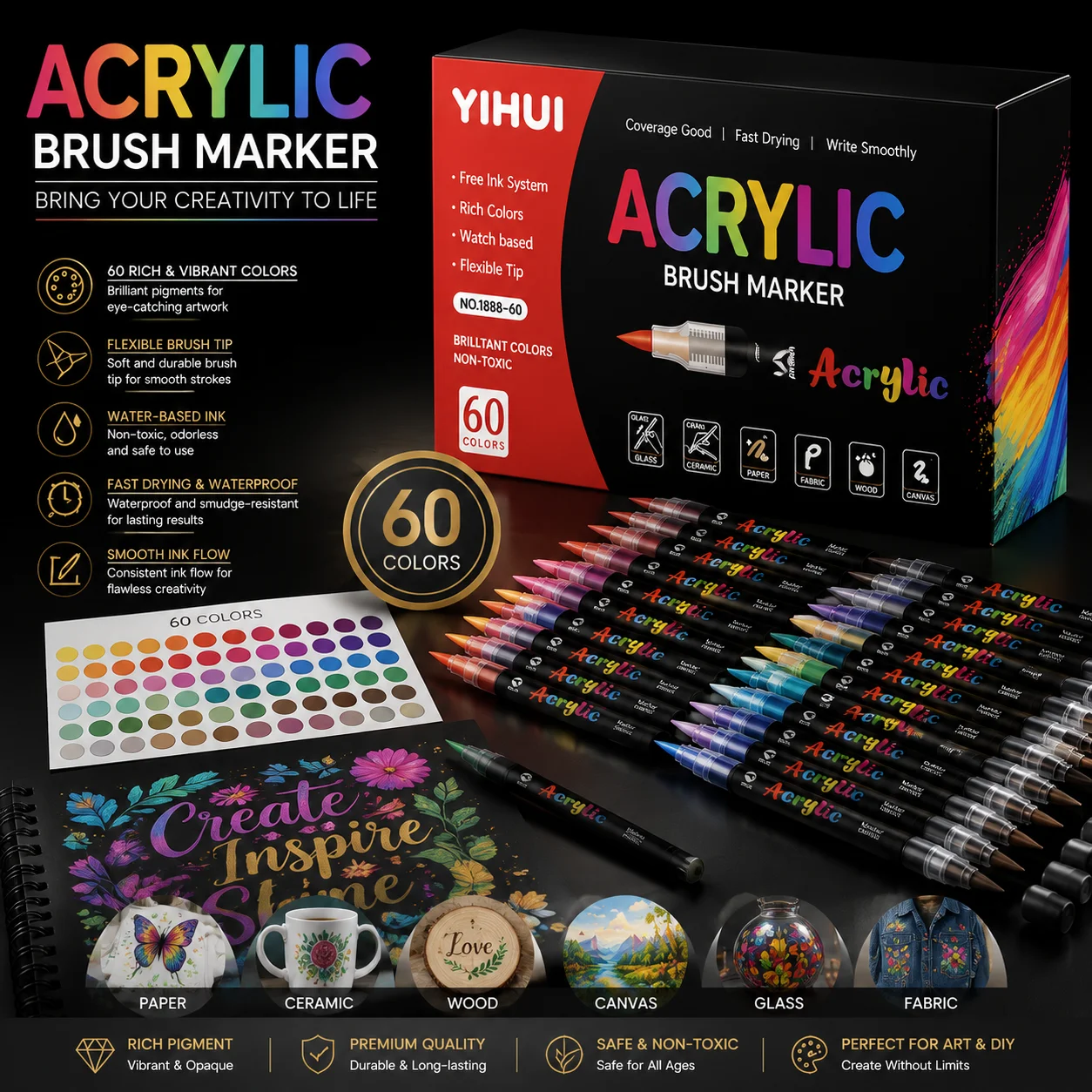 

12/24/36/48/60 Colors Acrylic Paint Pens Markers Brush Tip Paint Markers For Rock Painting Wood Stone Glass Gift DIY Crafts