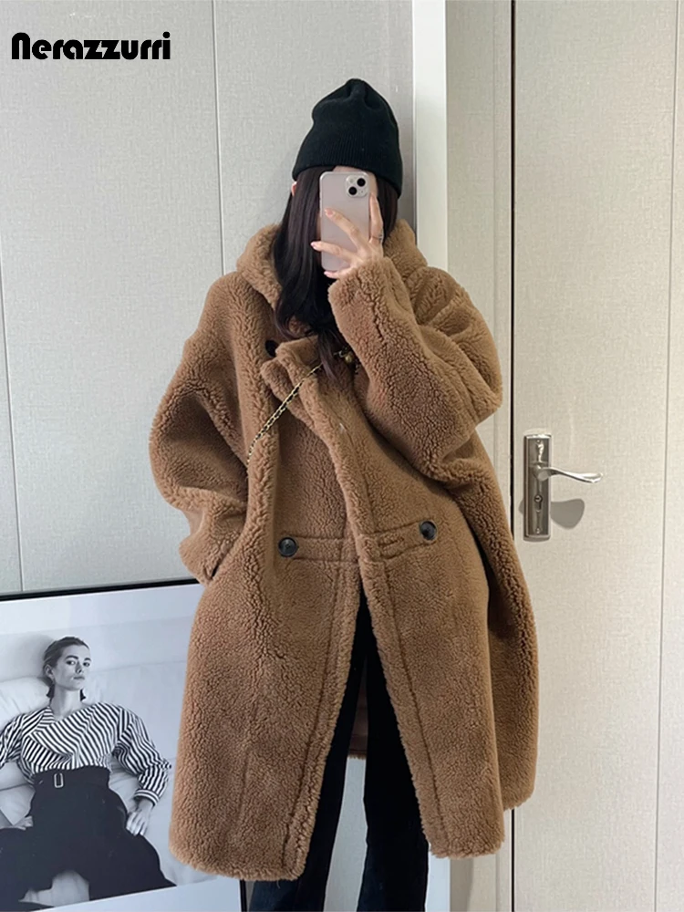 Lautaro Autumn Winter Long Oversized Brown White Blue Thick Warm Soft Teddy Coat Women with Hood Stylish Faux Fur OverCoat 2022