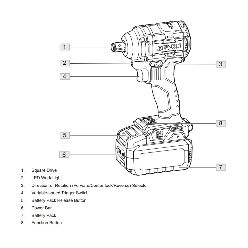 DEVON Electric Impact Wrench Brushless Cordless Electric Wrench Screwdriver Power Tools 1/2 inch 20V Battery