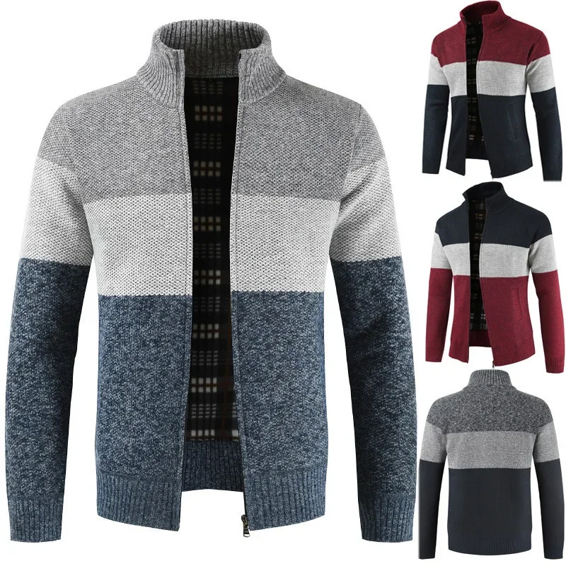 

2023 Autumn and Winter New Men's Standing Collar Color Block Sweater Men's Cardigan Plush Thickened Sweater Coat Men's Wear