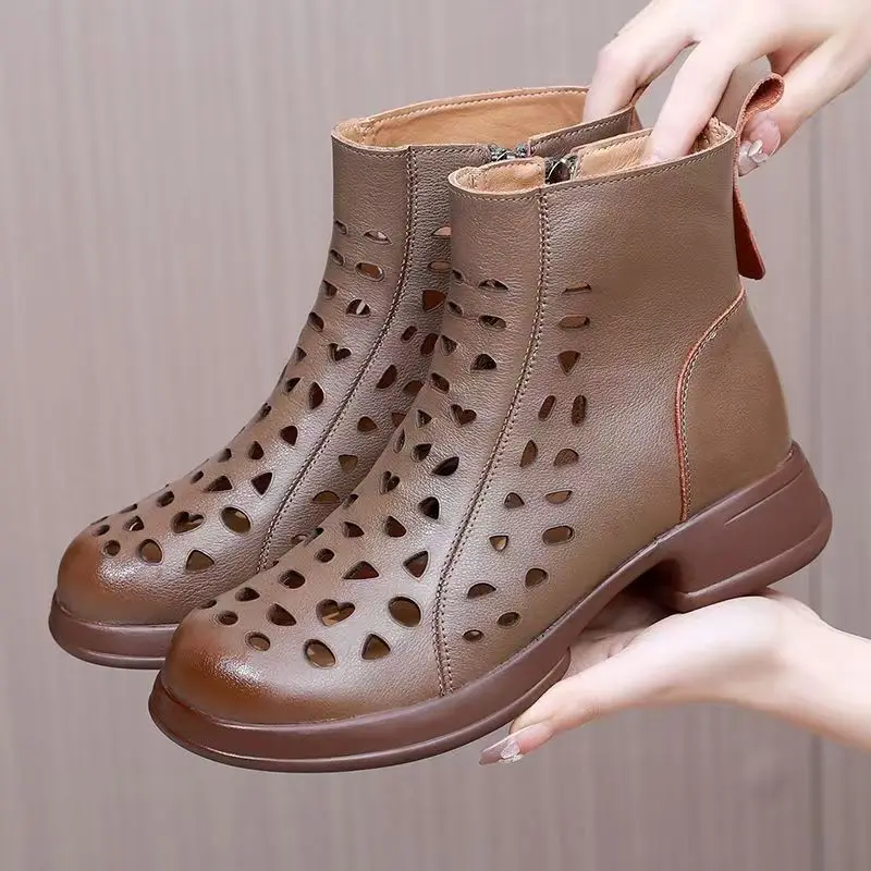 

Женские кожаные ботильоны большого размера с мягкой подошвой, нескользящие весенне-летние высококачественные крутые ботинки с круглым носком на низком каблуке